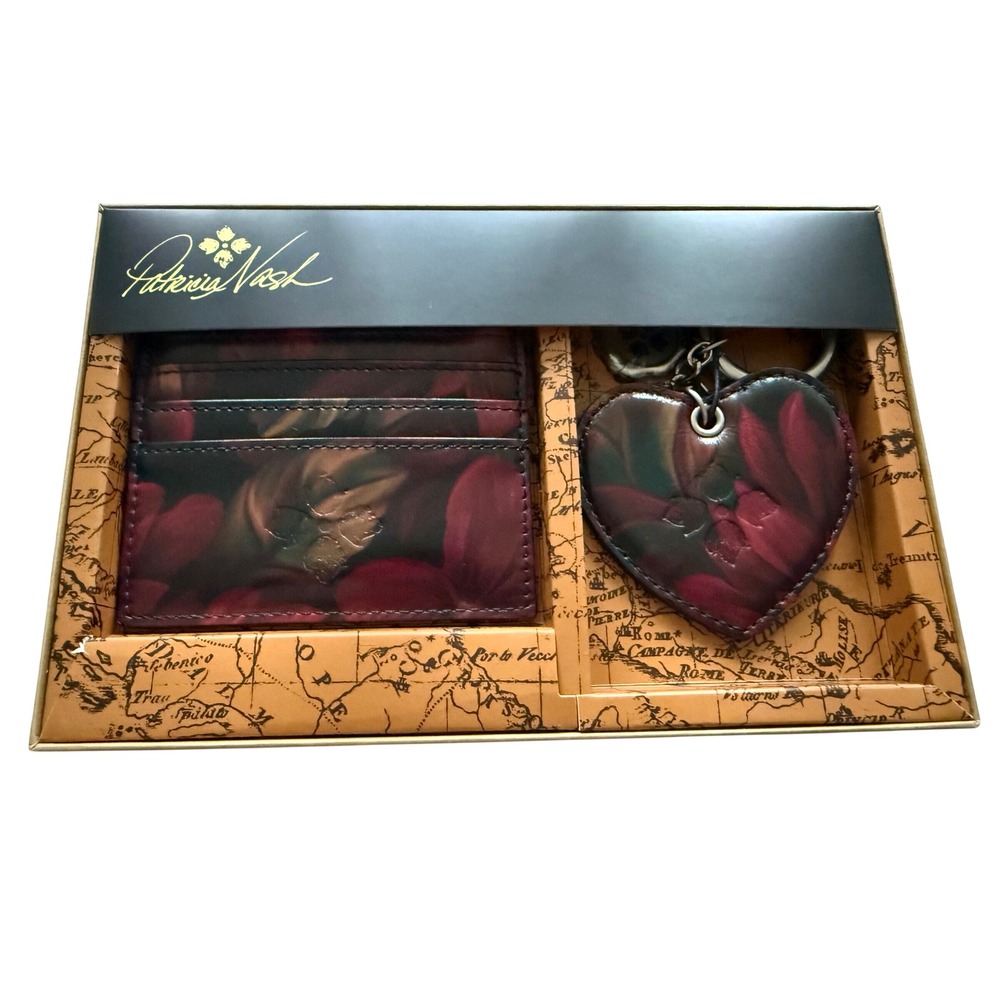 Patricia Nash Rustic Mums Leather Card Holder & Heart Keychain Gift Set A044401